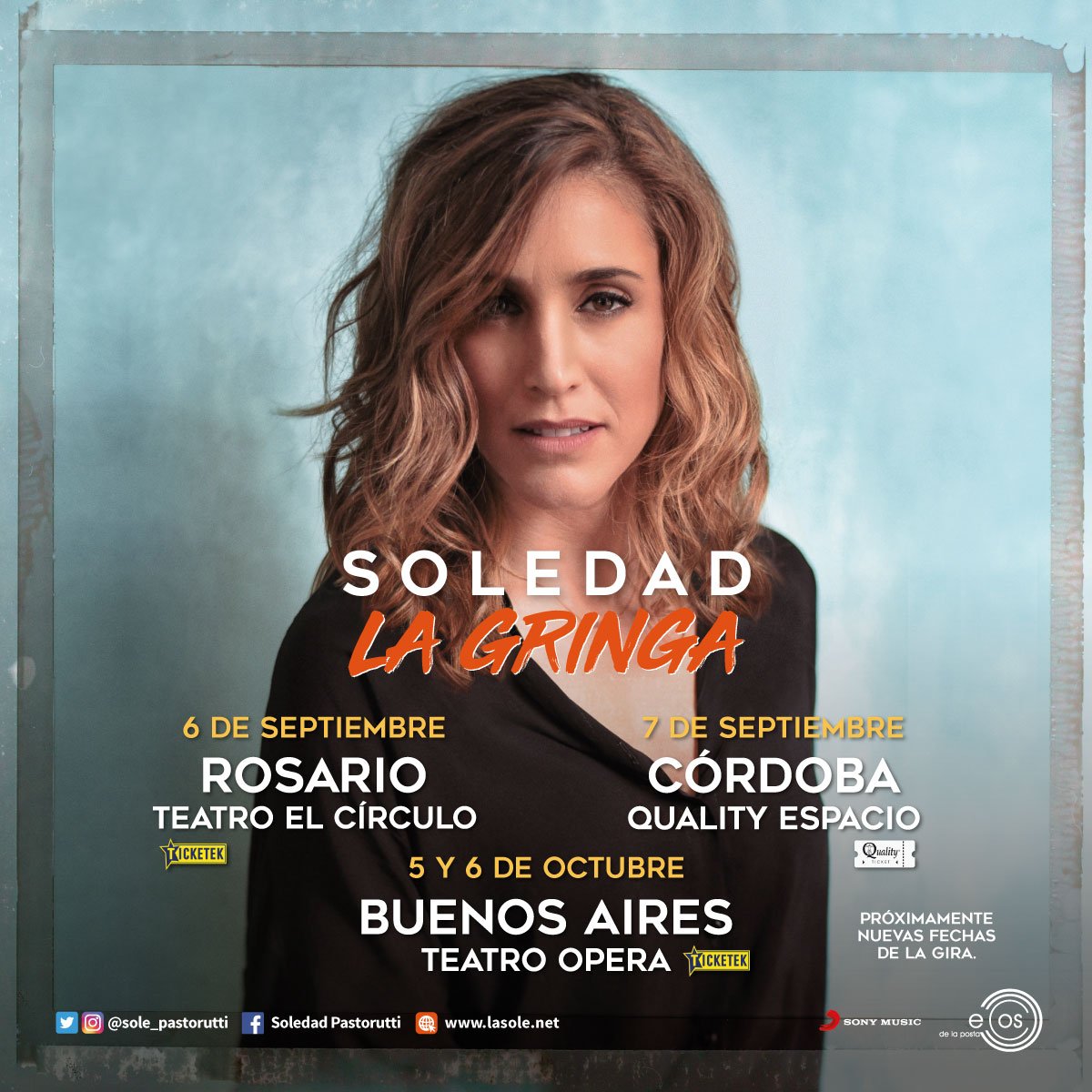 🎶 #LaGringa sale de gira 💃

🔸6/Sep #Rosario
📍<a href="/teatroelcirculo/">Teatro El Círculo</a>
🎫Entradas: <a href="/TicketekAr/">Ticketek Argentina</a> y boleterías

🔸7/Sep #Córdoba
📍@qualityespacio
🎫Entradas: qualityespacio.com/soledad y boleterías

🔸5 y 6/Oct #BuenosAires
📍#TeatroOpera
🎫Entradas: <a href="/TicketekAr/">Ticketek Argentina</a> y boleterías