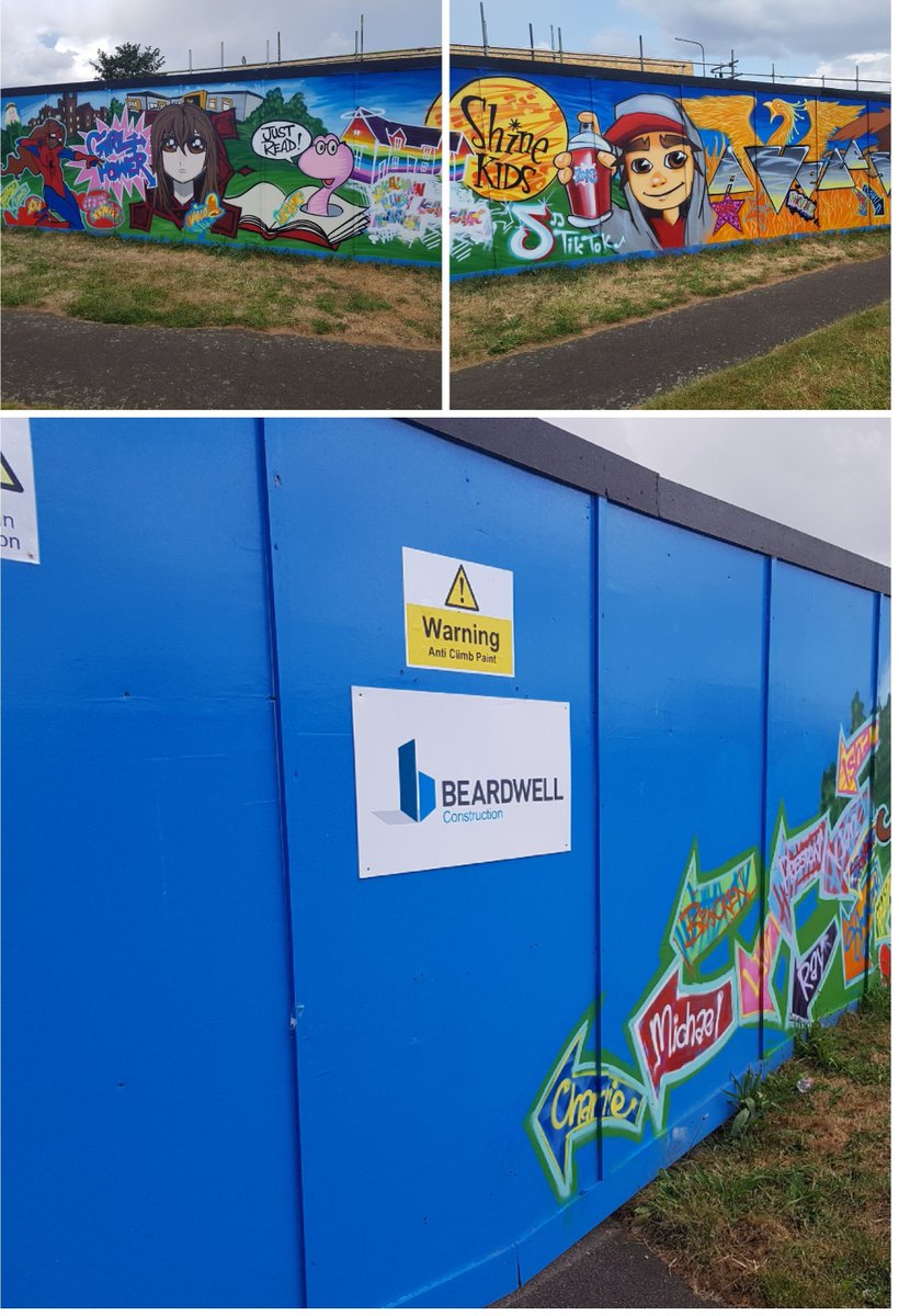InfoBeardwell's tweet photo. We're delighted to reveal the hard work of young local people by @PhilipPmelling in conjunction with @thurrockcouncil 
A fab way to disguise the hoarding while we toil away constructing the new Aveley Community Hub. #construction #loveconstruction #graffiti #communityengagement https://t.co/emRyXiVUxm
