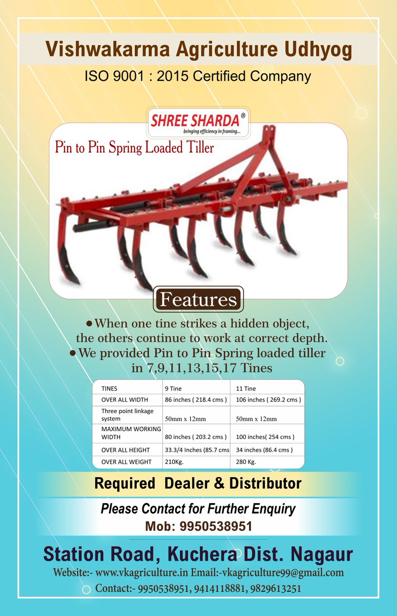 kjkrishimedia's tweet photo. Vishwakarma Agriculture Udhyog
 Pin to Pin Spring Loaded Tiller
-Contact for Join as Dealer and Distributor-
Station Road, Kuchera Dist. Nagaur
Contact:- 9950538951, 9414118881 , 9829613251
Email:- vkagriculture99@gmail.com https://t.co/c6i4Xv0sAD