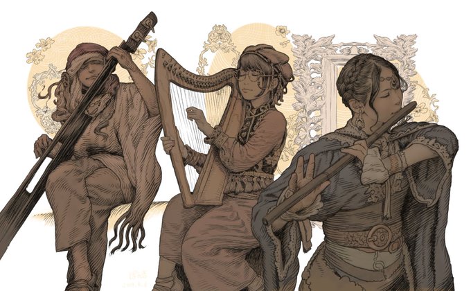 旅団カーバンクルさん @tavern_caravan のファンタジー衣装や雰囲気、音楽がとっても素敵で以前描いた線画に少し色を入れてみました。ファンタジーの酒場や衣装、普段描かない沢山の楽器の勉強にもなりました???✨ #楽器の日 