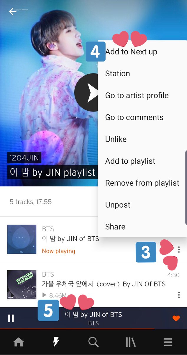 JIN_0613BTS's tweet photo. Search Soundcloud for 1204jin account. Stream using my account playlist. Set it up according to the attached image. You can safely increase the number of views by repeatedly adding and streaming multiple songs.
#이밤ByJin
#TonightByJin
#WeLove이밤3000
#JIN #진 #석진 #BTS @BTS_twt https://t.co/Boni09YWy4