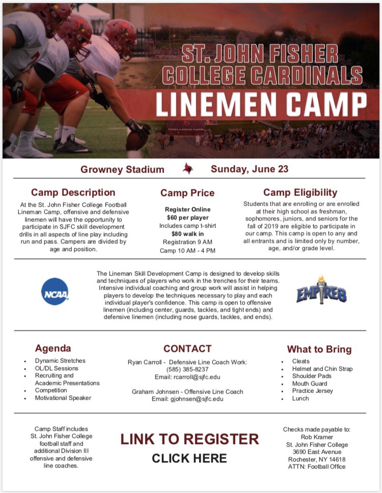 SjfFootball's tweet photo. WHERE THE BIG FELLAS AT⁉️⁉️

✅Individual, Group, Competition Drills
✅Helmet and Shoulder Pads 
✅15+ College Coaches
✅PSAC, Empire 8, Liberty League 

When: June 23 2019

Registration: https://t.co/Fy9ygbwQ3H https://t.co/ll1wE4sJD4