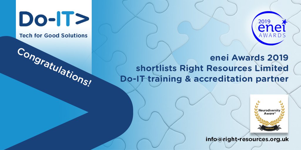 DoITProfiler's tweet photo. Do-IT congratulates training partner #RightResources, shortlisted for enei Awards '19. https://t.co/zHFJT5AMbY
info@right-resources.org.uk for details of training programme - providing last remaining jigsaw piece for employers, in the puzzle that is #neurodiversity 19+20/09/19 https://t.co/pO6Qt1N4Xw