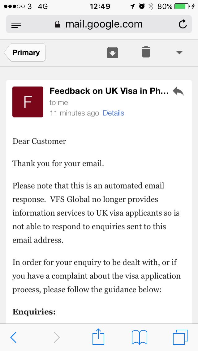 mousy1100's tweet photo. @VFSGlobal Your counterpart in the Philippines for UK visas asked me for details about my refund request and replied with this irrelevant automated email. This is starting to get frustrating having been ripped off a substantive amount. Advise on the right people to contact? https://t.co/1QN1BvAmpA