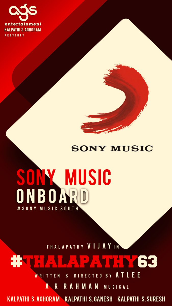 SonyMusicSouth's tweet photo. .@actorvijay - @Atlee_dir - @arrahman - @agsentertaiment - OF COURSE WE ARE IN! 🎼🥁

A PRIVILEGE TO BE ON BOARD! 🤩🎉

🔥🔥THIS ONE IS GOING TO BE BIGGER THAN EVER BEFORE! 🔥🔥

#Thalapathy63OnSonyMusic https://t.co/UzReXImRxy