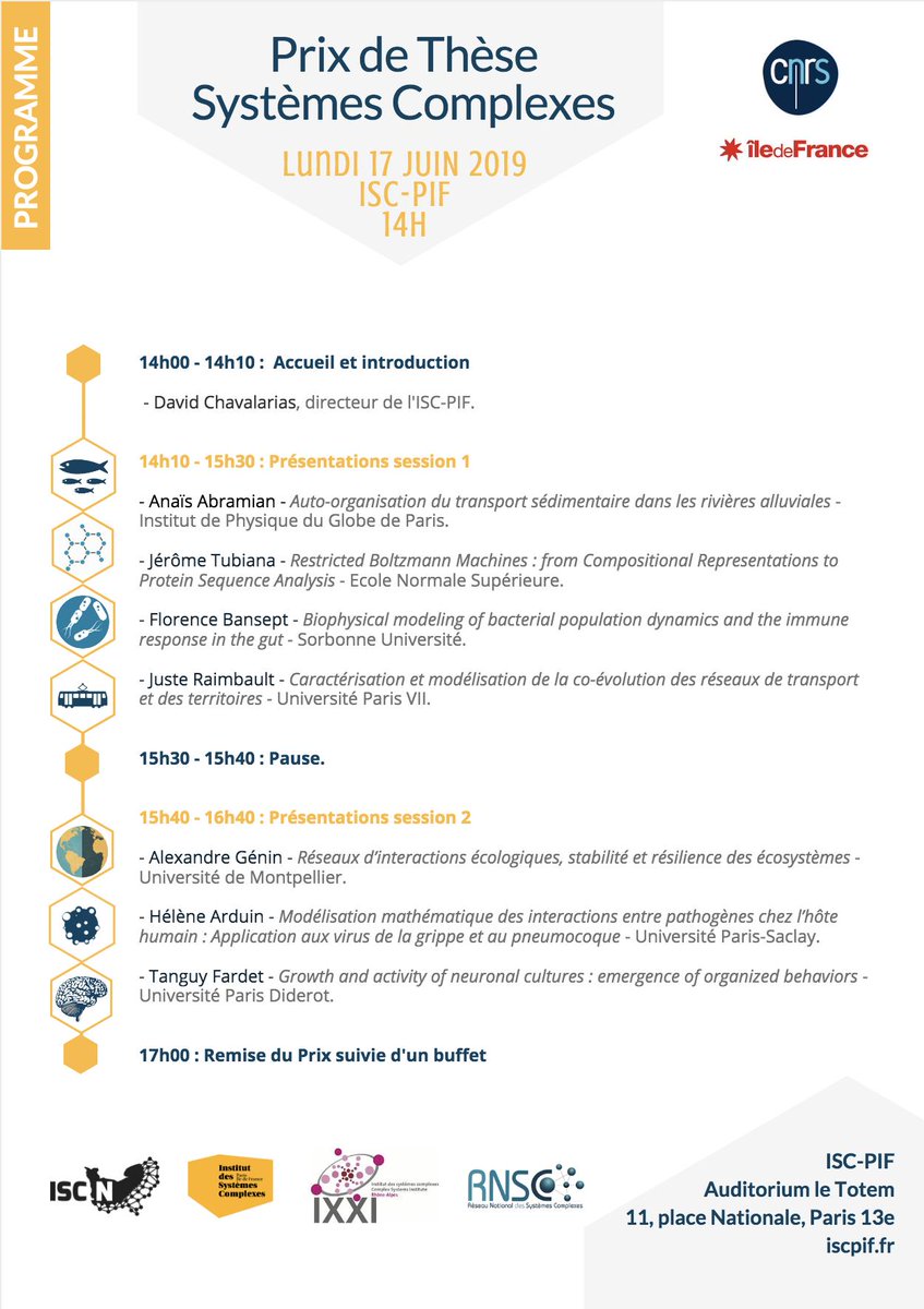 ISCPIF's tweet photo. Découvrez les travaux #systemescomplexes les plus prometteurs de 2019!!!🏅Les auditions des 7 candidat.e.s au Prix de Thèse Systèmes Complexes sont ouvertes au public! #PTSC19 #PhD #Recherche 
🗓️lundi 17 juin 2019, 14h
🏁11, place Nationale Paris 13
➡️https://t.co/7M98ao3MK8 https://t.co/jbSlEDUE9w
