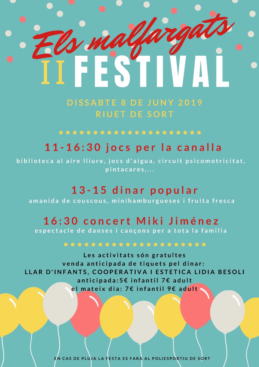 ajuntamentsort's tweet photo. 🎉🥳 Aquest dissabte a partir de les 11 al Parc del Riuet II Festival Els Malfargats 👶🏻👶🏾 amb jocs infantils 🎡 dinar popular 😋 i concert 🎶 || +info i programa https://t.co/mrNbVEsYXM https://t.co/ccr6I5qjAS