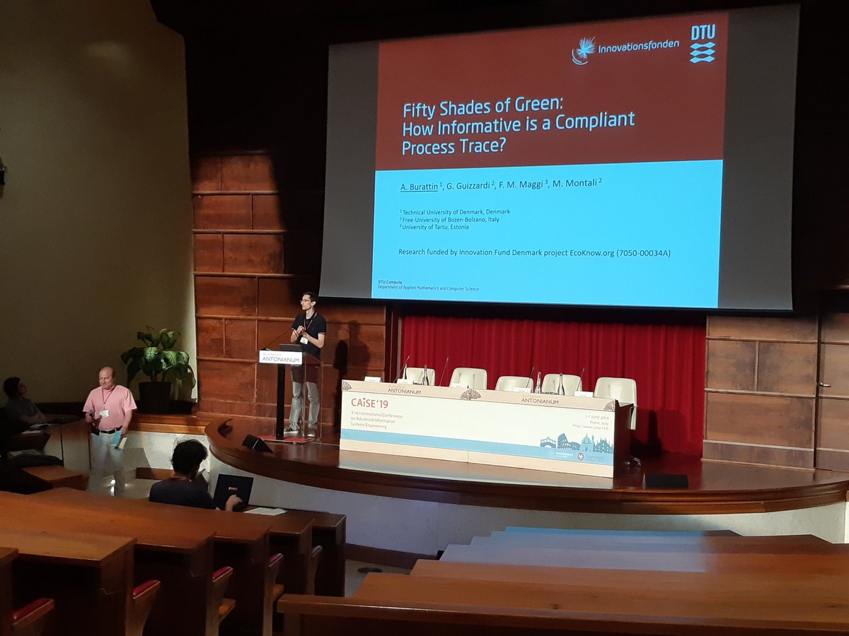 profBPM's tweet photo. .@AndreaBurattin is presenting @CAiSEConf on "Fifty Shades of Green: How Informative is a Compliant Process Trace?". Session chair @marlon_dumas nominates it for "Most poetic paper title". #caise2019 https://t.co/YvDqJZiZG6