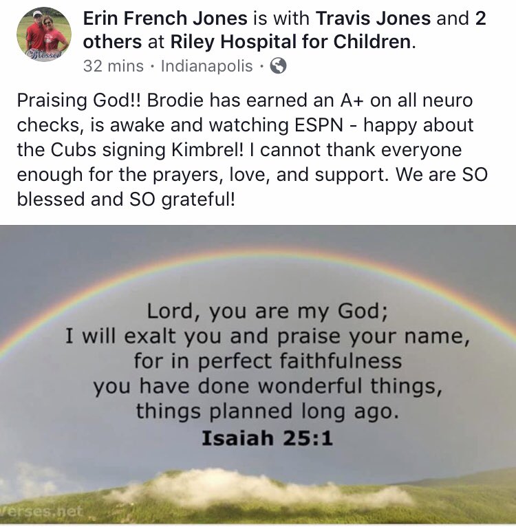 SusanAMcVay's tweet photo. Some wonderful news from his mom about our guy, Brodie!  Straight out of brain surgery and catching up on @espn - sounds like Brodie!  Happy Thursday morning! https://t.co/7ay5tBUG34