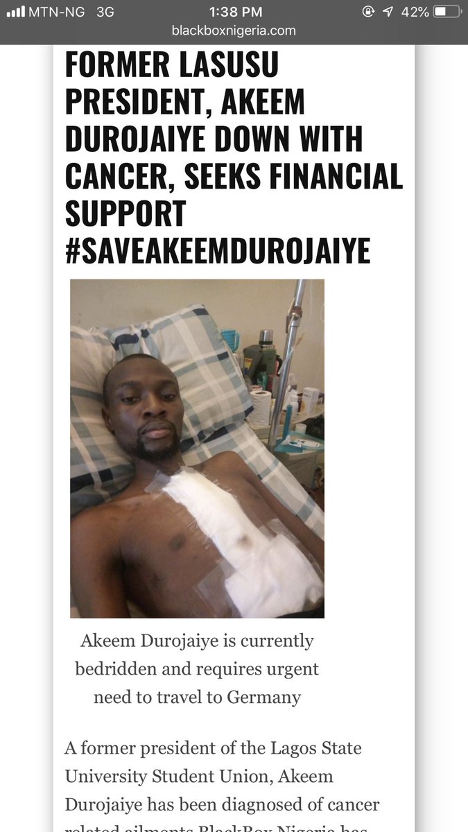 MeetHajaar's tweet photo. Hello guys. So today, we are pleading with everyone to help donate to #SaveAkeemDurojaiye who’s presently battling Cancer. The family is in dire need of 14million Naira for his Treatement. Kindly help contribute/RT
Durojaiye Akeem Olalekan, 0023486294, Access Bank . 🙏 thank you. https://t.co/MlhC7qbt2k