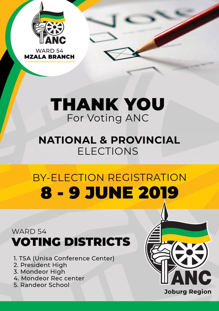 ANCMzalaBranch's tweet photo. As we get ready for the upcoming BY-Elections in ward 54, we call on all residents of ward 54 to register on the 8-9 June 2019! https://t.co/8ZRiVAcUPd
