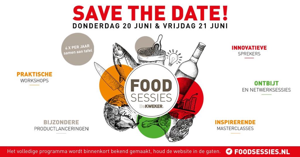 SAVE THE DATE FOOD SESSIES |
Donderdag 20 &amp; vrijdag 21 juni

De 2e editie van #FoodSessies staat volledig in het thema van het verrijken en verbinden van de food professional.

Bezoek onze website voor het volledige programma >> bit.ly/FoodSessies

#food #horeca #foodtrends