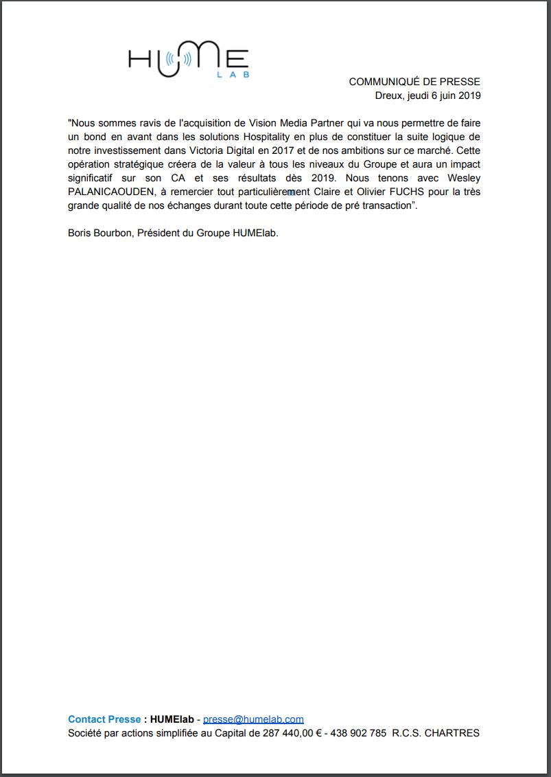HumeLab's tweet photo. COMMUNIQUE DE PRESSE : Humelab poursuit son expansion dans l’Hospitality
en signant l’acquisition de Vision Media Partner.

#Acquisition #success #NewsFeed #business #frenchtech #tech #pme #entreprise #VisionMediaPartner #HUMElab #News https://t.co/ndwoVRRJYk