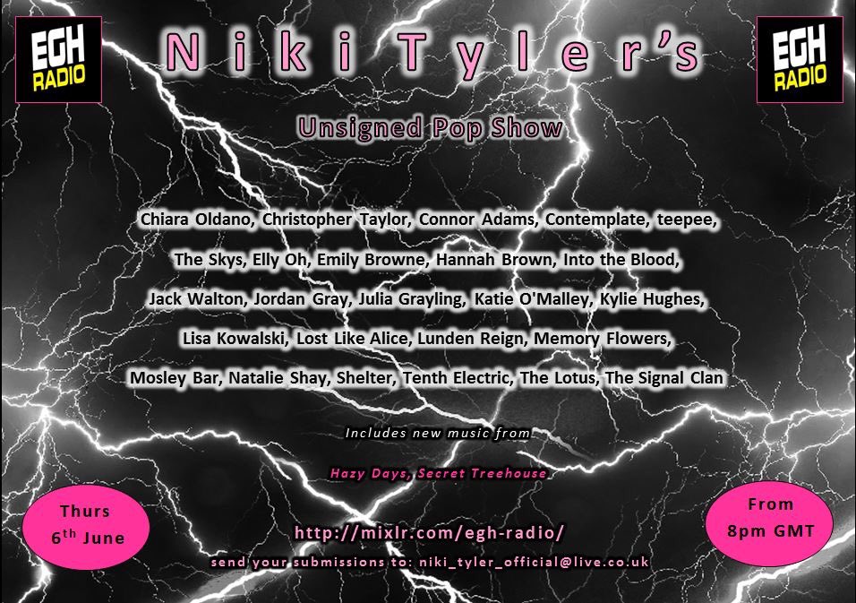 Playing on my @EGHRadio pop show from 8pm BST tonight @embrownemusic @ctaylormusicnet @TenthElectric @TheLotusBand @NatalieShay_ #ChiaraOldano @MemoryFlowers @mosley_bar @into_blood @MissKylieHughes @TheSignalClan @lostlikealice1 @lkowalskimusic @Talldarkfriend @katieomalleymsc