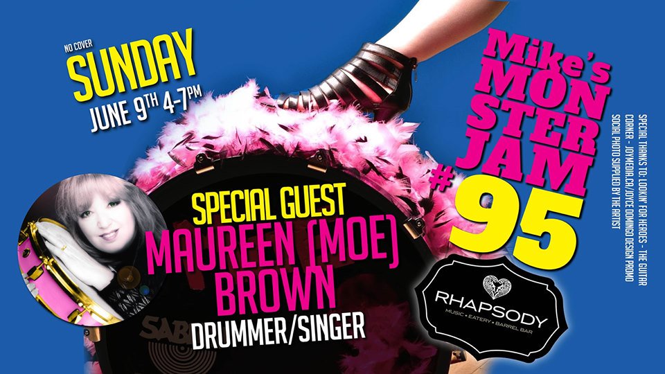 Award winning drummer/singer Maureen Moe Brown, Monster Jam 95 this Sunday 4-7pm. This will be a kick ass performance! Along with Mike Mudfoot McDonald, Cory Turnbull, Randall Coryell. #sundayfunday #rhapsodybarrelbar #dtk2019 #downtkitchener #victoriastation