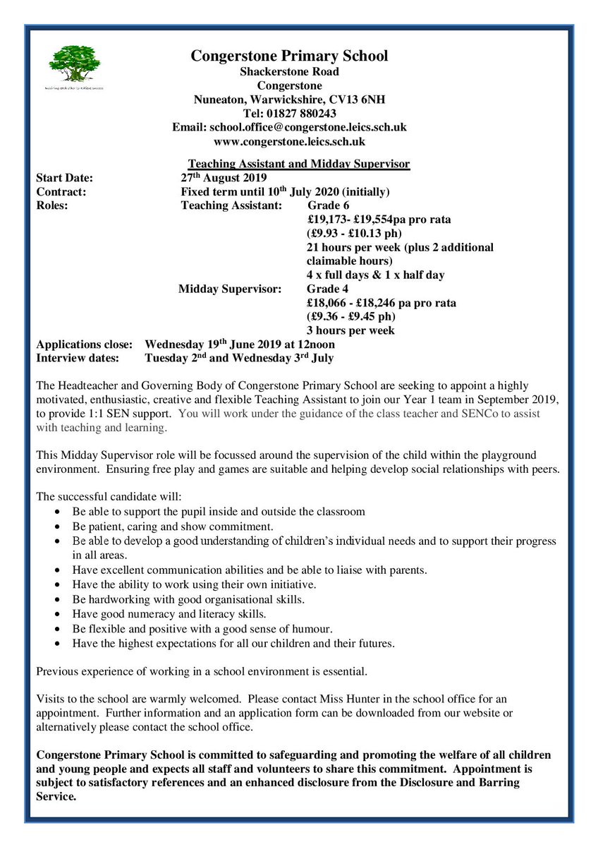 Congerstone Primary School are looking for a highly motivated, enthusiastic, creative Teaching Assistant to join our team.  Could you be who we are looking for?