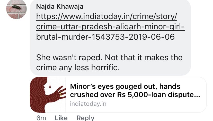 Tan_Tripathi's tweet photo. Remember U were Ashamed of being Hindus for #Kathua Case and blackening your screens? Heres a screenshot from my FB Timeline where THEY are saying #AligarhRapeCase was not a Rape case MERE a Case of a THREE year Olds EYES being Gorged OUT! Because #Preshya of @IndiaToday Says so! https://t.co/9acs9TBPvb