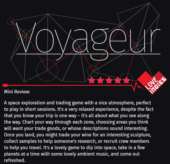 teapoweredteam's tweet photo. Day 4 #loveindies – I reviewed Voyageur by @NotBrunoAgain et al. This meditative game follows your journey into the centre of the galaxy, and works great in 20-30min sessions. https://t.co/RXeMqKQMS1 https://t.co/YG6HNCld5F