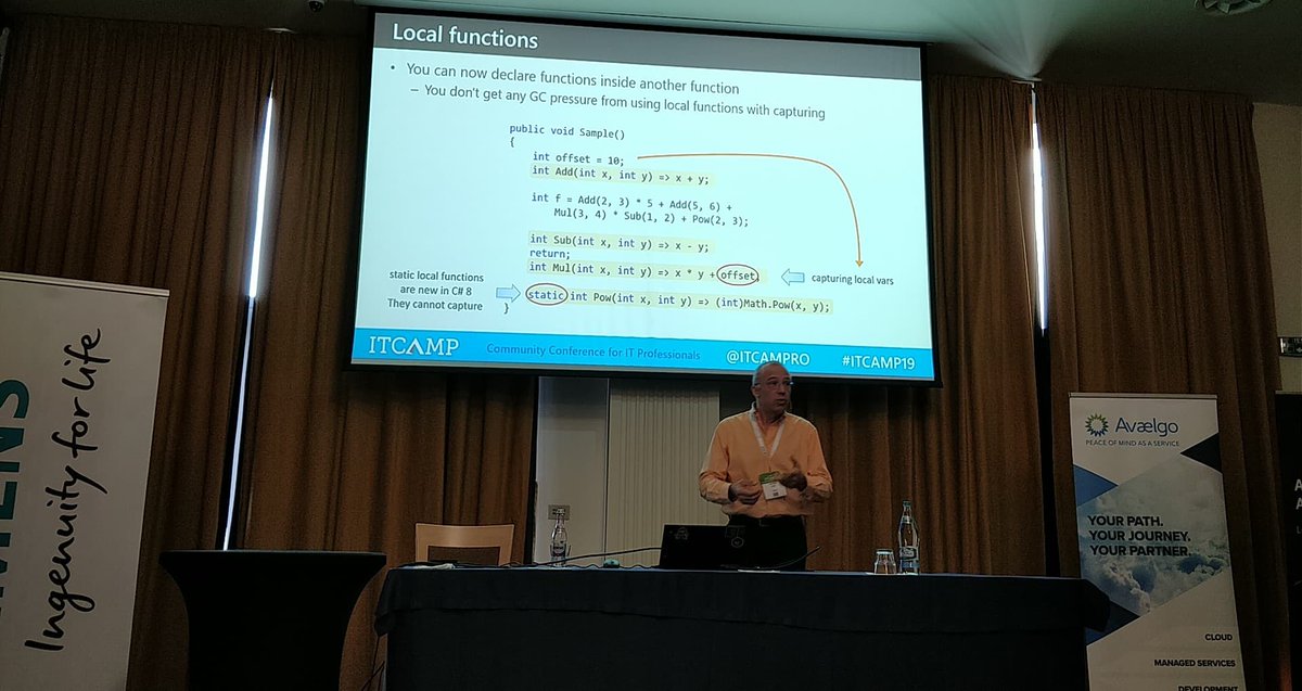 ITCampRO's tweet photo. Raffaele Rialdi is talking about The C# language evolution for the pragmatic developer at #ITCamp19 #community #conference #cluj #Csharp #development https://t.co/wYUuviQ74B