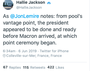 SteveKrak's tweet photo. How a lie spreads, in 2019:

Tweet a lie implying Trump caused a delay in the Normandy ceremony: 2,500+ RTs.

Tweet a correction noting it was actually caused by Macron: 100+ RTs.

No deleting of the original tweet. https://t.co/GMvMoTxgAQ