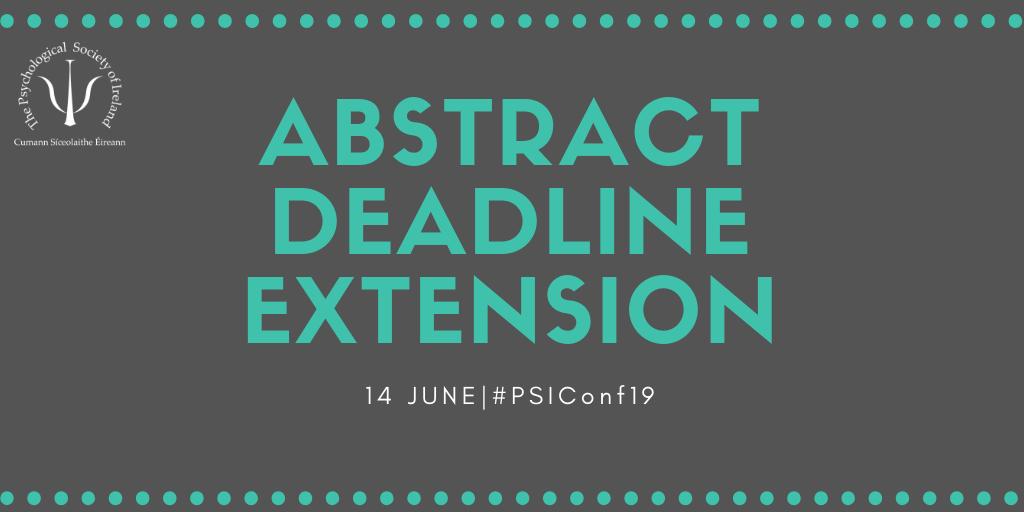 PsychSocIreland's tweet photo. We are delighted to announce that our abstract deadline for the PSI Annual Conference has been extended until Midnight on 14 June! 👏
https://t.co/pz8LNquphF https://t.co/uodRlRUIcO