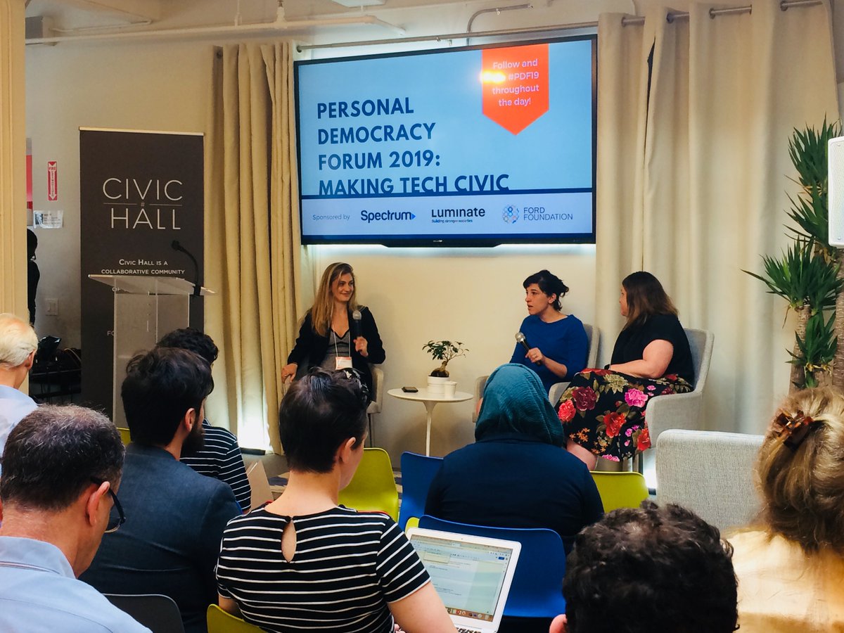 CivicHall's tweet photo. #PDF19 live: Renee DiResta @noUpside and Claire Wardle @cward1e discussing "Proactive Responses to Information Warfare and Misinformation." Moderator @LeeTomson asks: This issue bears so many names, what do we call it anyway? #civictech #makingtechcivic https://t.co/4T2ZeyuUqY