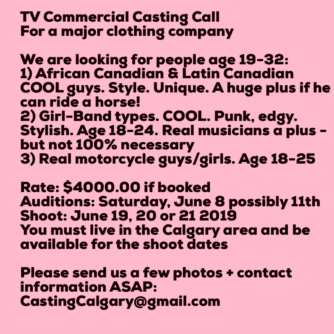 Real People #CastingCall looking for these 3 categories 👇🏽please respond to the email address in the post! #calgarymusic #yyc #yycmusic #yycbands #yycpunk #yyctattoos #yycbike #yyctheatre know someone great for this? Please share! 👍🏼thank you!