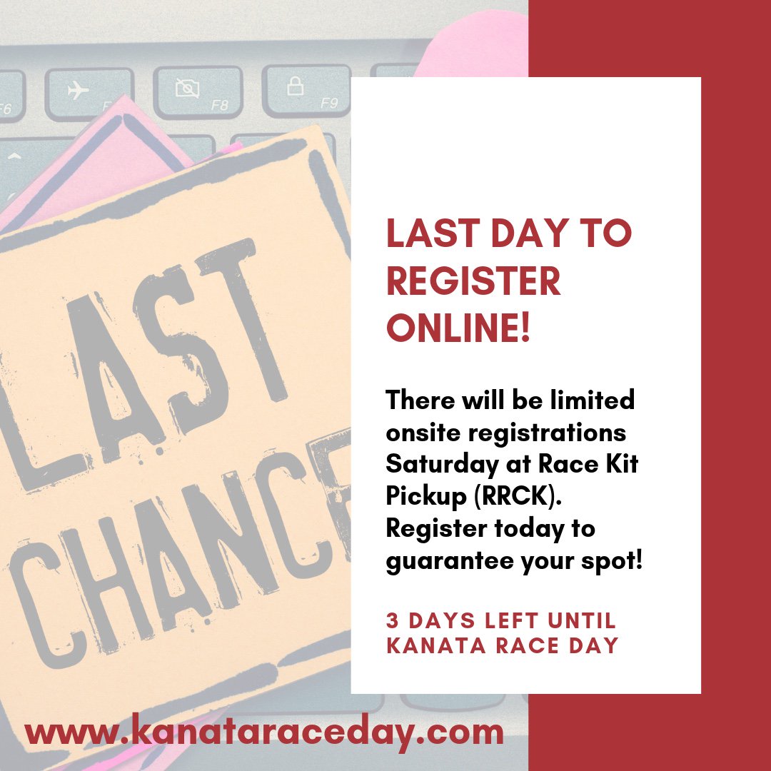 kanataraceday's tweet photo. Today’s the last day to register for #KanataRaceDay online. Every registration supports recreation at the #KanataRecCentre! 👉 https://t.co/7weQhvyJ2r 🙌 https://t.co/48pqfQoYic