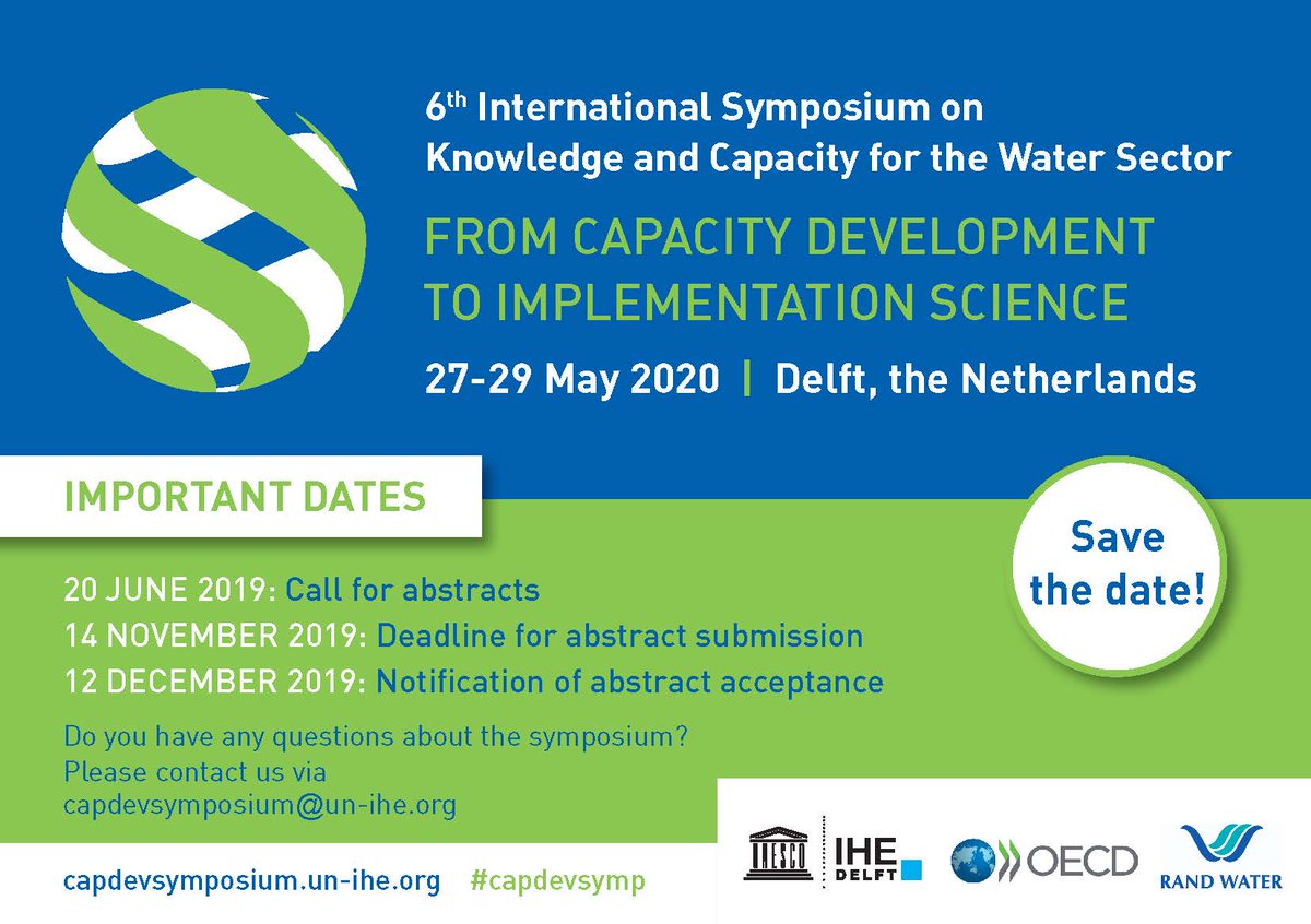 AfriAlliance1's tweet image. Save the date! #capdevsymp

IHE Delft is organizing its 6th international symposium on knowledge and capacity development for the water sector on May 27-29, 2020, in cooperation with the OECD, Rand Water and other partners.

➡️Register your interest here: bit.ly/31dzp7x