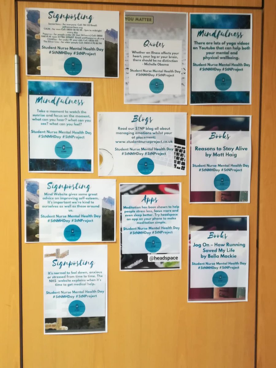 Showing Student nurse mental health matters @SHSBangor #Wrexham Campus-our new wall full of motivational quotes, hints and tips for #selfcare, recommended books to read and signposting information. Keep talking &amp; supporting each other #ItsOkNotToBeOk <a href="/gracemont92/">Grace Montgomery</a> @StNurseProject