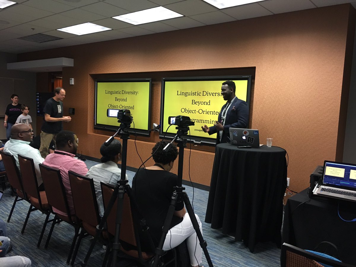 devcolororg's tweet image. A* Member @osagaius giving a presentation on why companies use certain programming languages at work and how to move beyond that at @RefactrTech #devcoloratl #honorthecode #refactr #refactrtech