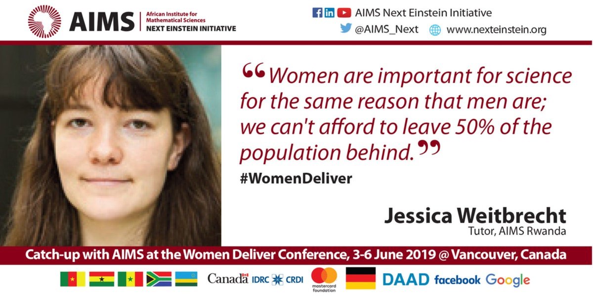 AIMS__Network's tweet photo. "Women are important for science for the same reason that men are. We can't afford to leave 50% of the population behind." Jessica Weitbrecht, Tutor at AIMS Rwanda. 

We're at the #WomenDeliver2019 conference, 3-6 June. 

#WD2019 https://t.co/JIszaEmPog