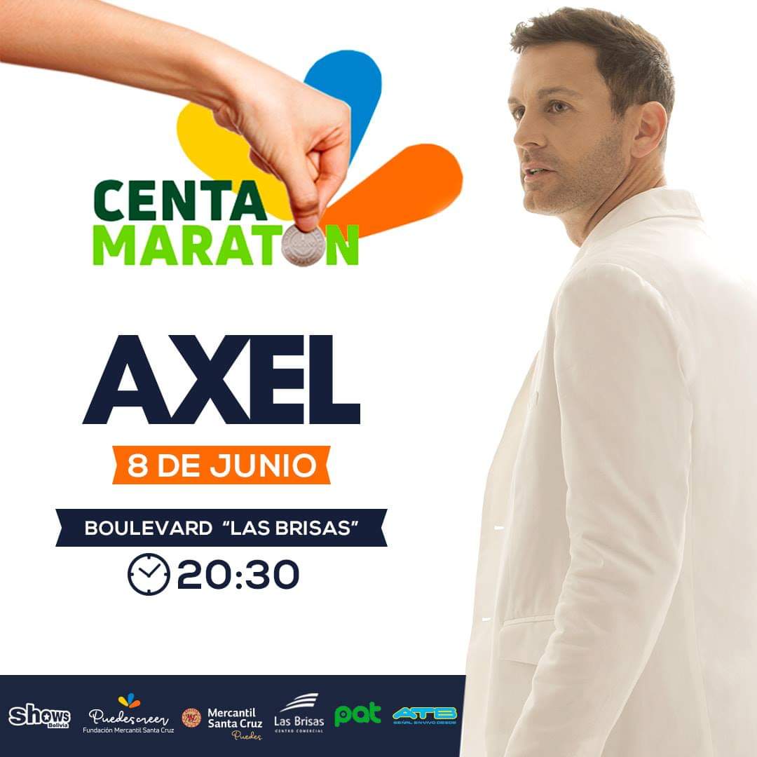 FCAngelDorado's tweet photo. Bolivia ya se prepara para recibir a @AxelOficial en la #Centamaraton2019, evento solidario más importante del país. 🇧🇴 

🗓️ Sábado 8 de junio
📍 Boulevard de Las Brisas Centro Comercial en Santa Cruz. https://t.co/14yJpvg7oZ