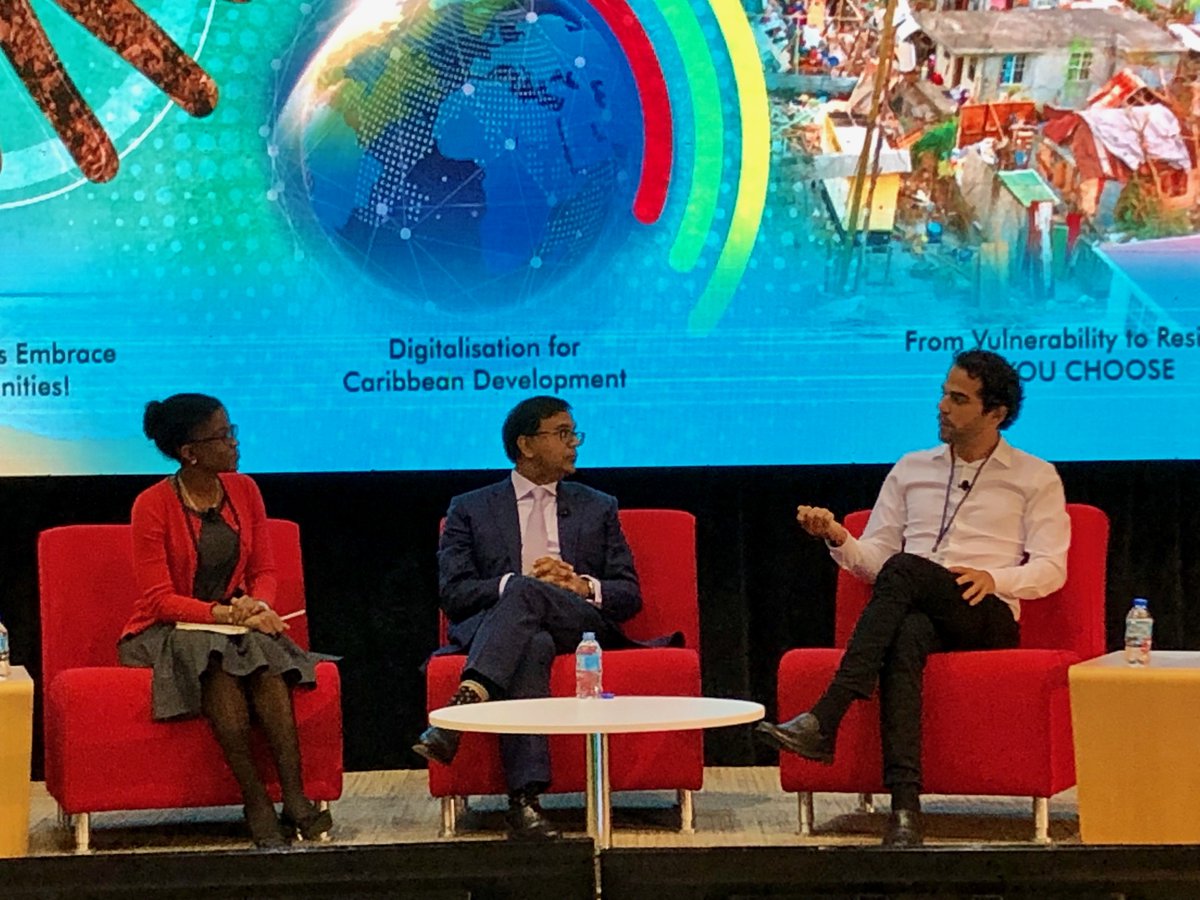 Caribank's tweet photo. #HappeningNow - a lively chat about the role of regulation in fintech between our panelists @SirBitt and @AvinashPersau15 in the first chat of our final seminar 'A Digital Caribbean'. #caribdigital #BOG49 @ms_marius of @ICTPulse moderating. https://t.co/QlKEvHrWbY