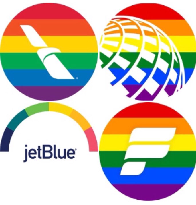 AeroGazette's tweet photo. Soutien affiché à la cause #LGBT aux USA/Canada 🏳️🌈
🔸Plusieurs compagnies affichent une variante colorée de leur logo à l’occasion du mois des fiertés voulu par @BarackObama
🔸Et en Europe ? #AirFrance a créé un logo en 2018, #VirginAtlantic a le sien. A suivre ! #prideinflight https://t.co/wt9DmMMmJ5