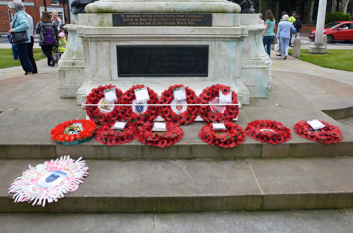 yourcolchester's tweet image. Scenes earlier today of Colchester's  Commemoration Service marking the 75th Anniversary of the D-Day landings. The Mayor of Colchester, Cllr Nick Cope, unveiled the Pegasus flower display in Castle Park and also laid a wreath on behalf of the citizens of the borough.
