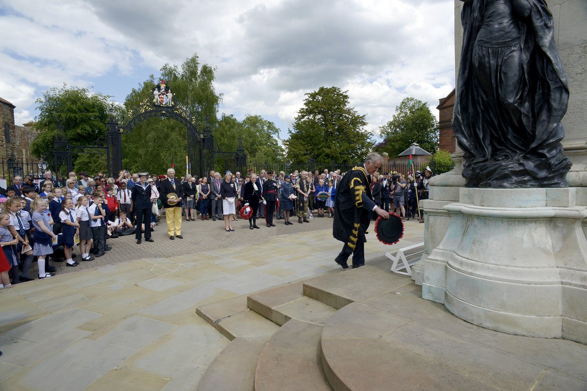 yourcolchester's tweet image. Scenes earlier today of Colchester's  Commemoration Service marking the 75th Anniversary of the D-Day landings. The Mayor of Colchester, Cllr Nick Cope, unveiled the Pegasus flower display in Castle Park and also laid a wreath on behalf of the citizens of the borough.