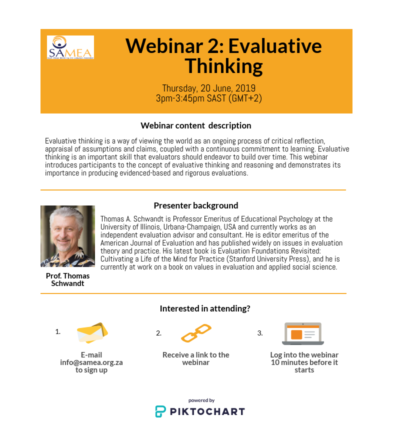 Webinar Alert!! Join us for our second webinar of the year, happening on Thursday, 20 June. Prof Thomas Schwandt will take us through the concept of Evaluative Thinking and why every evaluator should have this skill. RSVP now! <a href="/sameaconf/">SAMEA Conference 2019</a>  <a href="/aeaweb/">Evaluation Headlines</a> <a href="/tweet_afrea/">African Evaluation Association</a> <a href="/CLEARAA1/">Clear Evaluation Anglophone Africa</a> <a href="/EES_Eval/">European Evaluation</a>