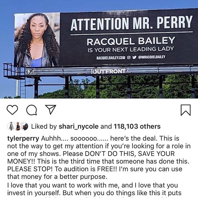 Now for future actors and actresses this probably won’t work to this extent. But there is no reason to feel bad for @imracquelbailey. She paid a reported 2k for 2 billboards. For that 2K Tyler Perry reposted her billboard for all his followers to see. He… bit.ly/2wKWMXP