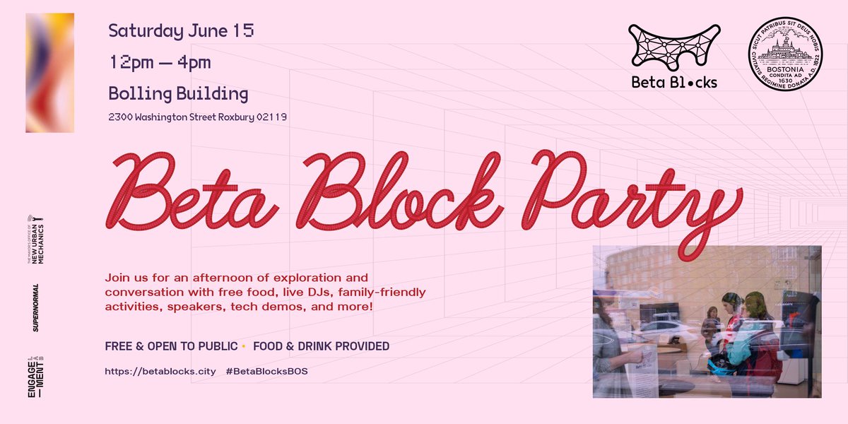 newurbanmechs's tweet photo. What can we do to ensure residents lead the way + guide the future of technology in our cities? We're using #BetaBlocks to explore this question. Join us Saturday, June 15 from 12-4pm for a FREE Block Party as we launch this project. #BetaBlocksBos https://t.co/dbQGOKenWY https://t.co/pYq5Zq3yzV