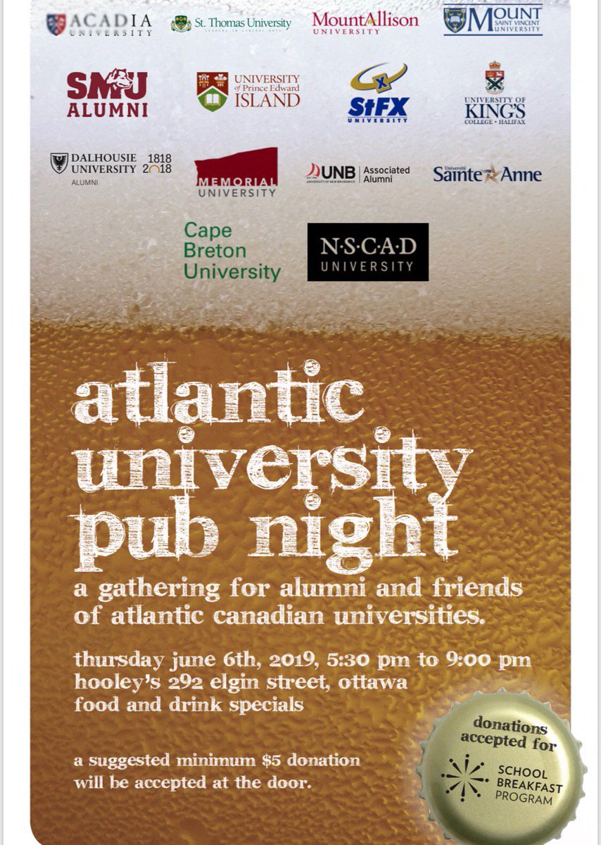 atlanticUpub's tweet photo. See everyone tonight at our annual Atlantic U Pub Night at Hooley's on Elgin. East Coast Kitchen Party starts at 5:30 PM. We can't wait to see you there! https://t.co/tDBLPoSQgr