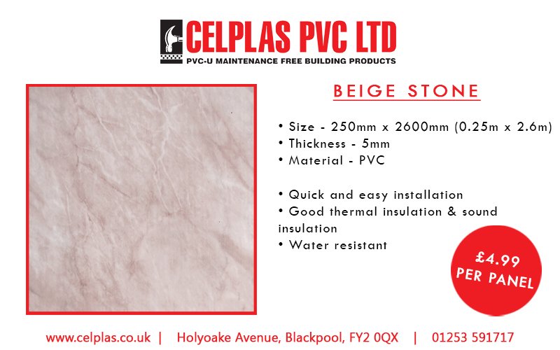 Celplas_PVC's tweet image. Our Beige Stone wall panels are a soft, rosy colour with a gentle marble texture and an attractive glossy finish. With a 5mm thickness, our cladding is the perfect solution for those looking for an easy-to-install, lightweight alternative option to tiles.

#Interior #Decor