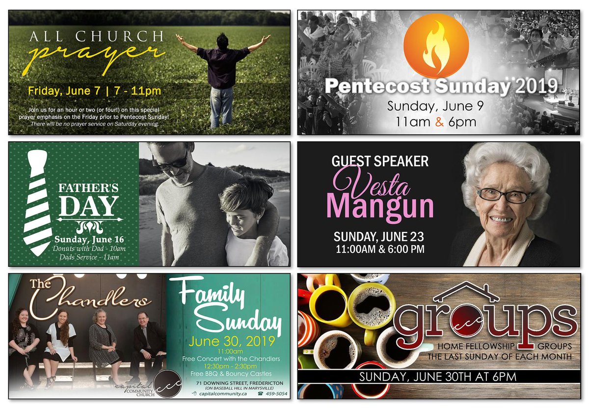 CCC_Fredericton's tweet photo. Join us in JUNE at @CCC_Fredericton!

Friday, June 7
All Church Prayer 🙏

Sunday, June 9
Pentecost Sunday 🔥

Sunday, June 16
Father’s Day 👨‍👧‍👦

Sunday, June 23
Vesta Mangun 🎤

Sunday, June 30 (AM)
The Chandlers 🎹
Family Sunday 🍔

Sunday, June 30 (PM)
CCC Home Groups ☕️ https://t.co/pHCgafcqfi