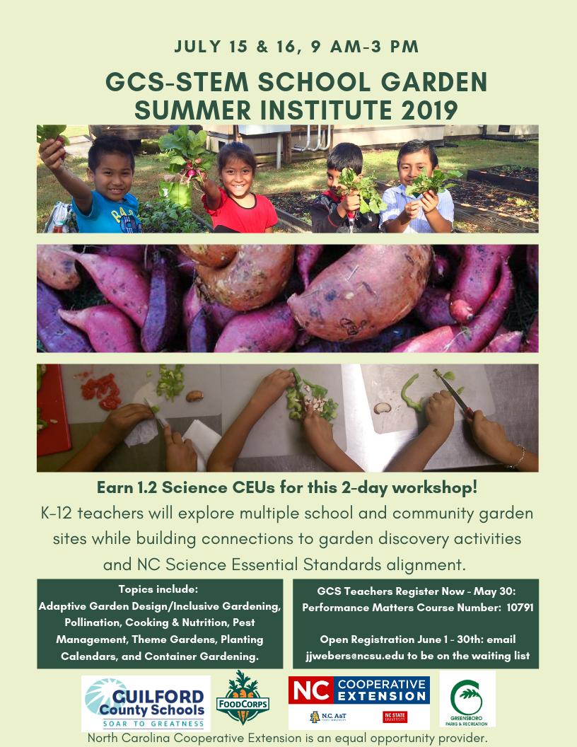 TP_180's tweet photo. GCS-STEM School Garden Summer Institute

K-12 teachers &amp; youth educators explore multiple school &amp; community garden sites, building connections to garden discovery activities &amp; NC Science Essential Standards.

Open Registration June 1-30: em: Quina Weber-Shirk @ jjwebers@ncsu.edu https://t.co/IsT6czjsUS