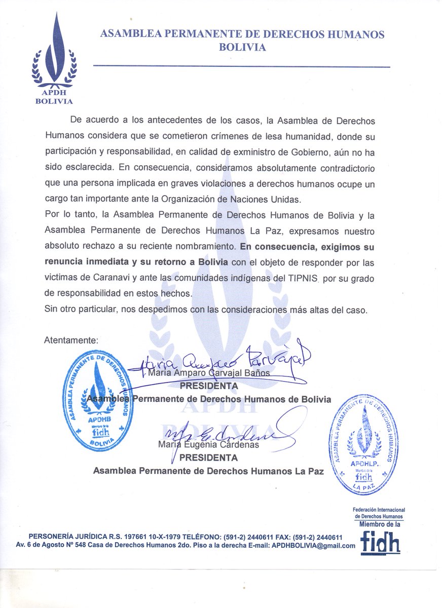 Como APDHB y APDHLP le exigimos al señor <a href="/SachaLlorenti/">Sacha Llorenti</a> su renuncia inmediata a su cargo en Naciones Unidas. El exministro de Gobierno debe responder por las violaciones a Derechos Humanos cometidas en Caranavi (2010) y Chaparina (2011).