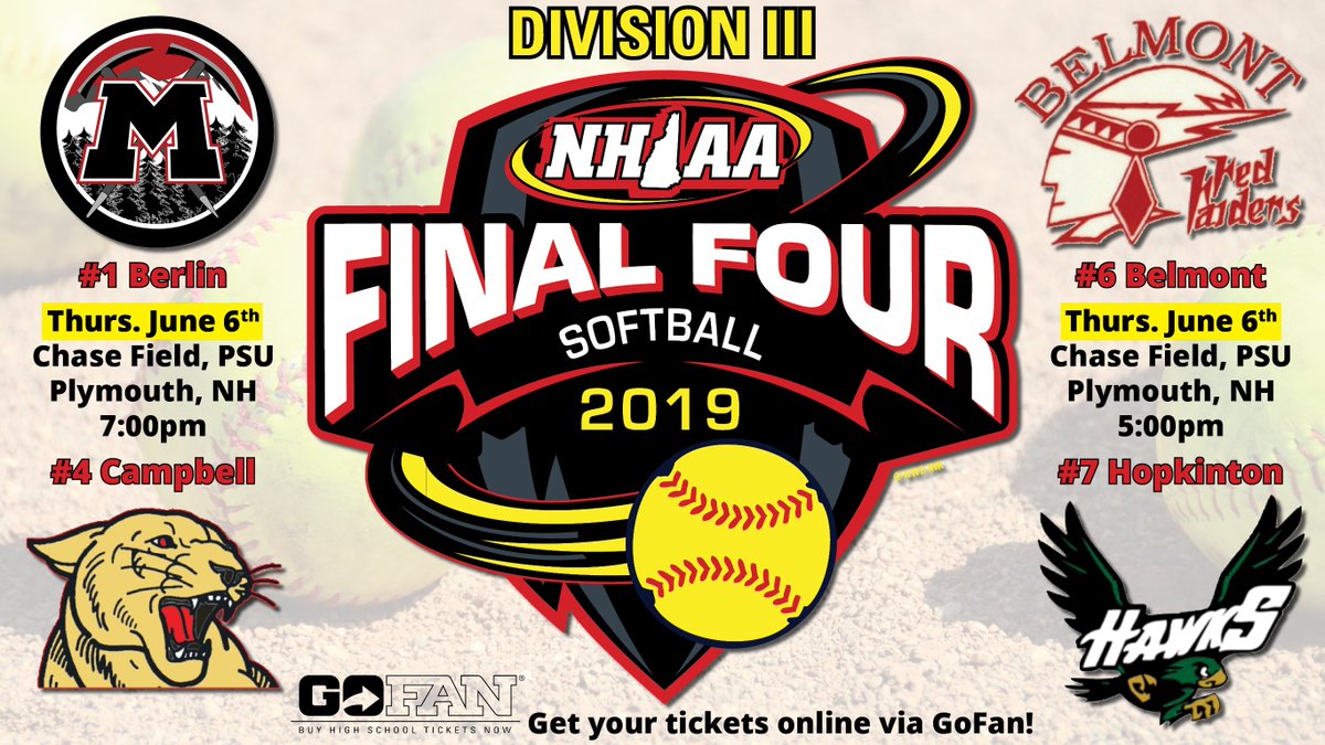 NHIAA_LOA's tweet photo. TODAY: 2019 NHIAA Division III Softball Semifinals at Plymouth State! Winners #SurviveAndAdvance to the Championship game on Saturday. Get your tickets from GoFan and skip the line at the gate: https://t.co/4zsIDvImtD #NHIAASoftball https://t.co/Bfyd3QjIGW