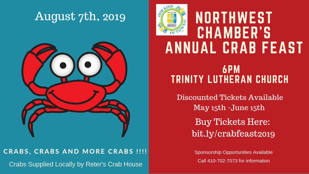 NWChamberMD's tweet photo. Crab Feast Discounted Tickets on sale now! Save $10 per ticket if you buy by 6-15. Unlimited crabs from @RetersCrabhouse , beer, chicken and more. Buy tickets here: https://t.co/xvAWFqkuWa #reisterstown #crabfeat #owingsmills https://t.co/CmQpJQmmMZ