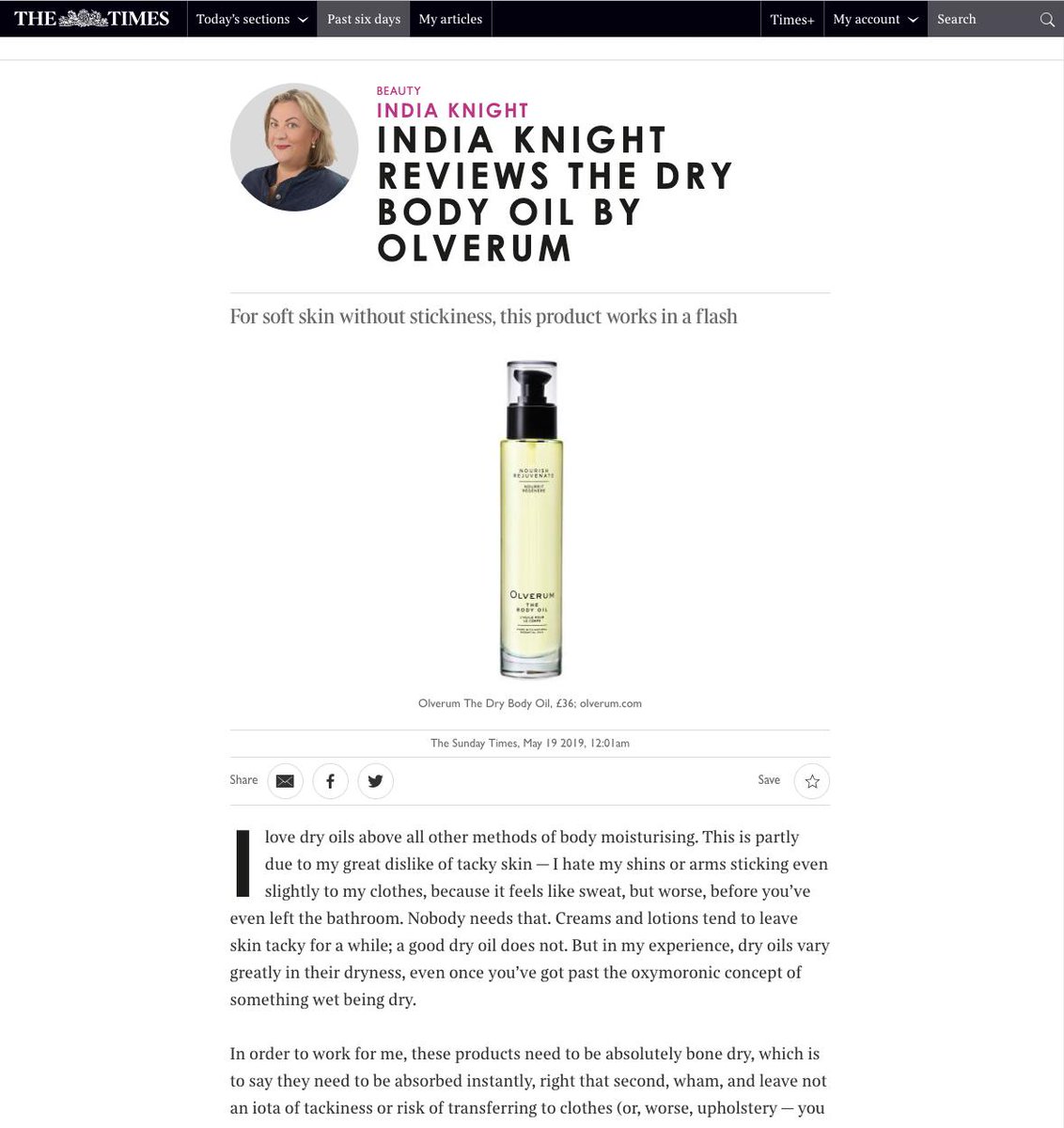 What a lovely review from the fabulous <a href="/indiaknight/">india⚔️ Knight</a> from <a href="/thetimes/">The Times and The Sunday Times</a> on <a href="/olverum/">Olverum</a> Dry Body Oil >> We love it too bathandunwind.com/olverum-the-dr…