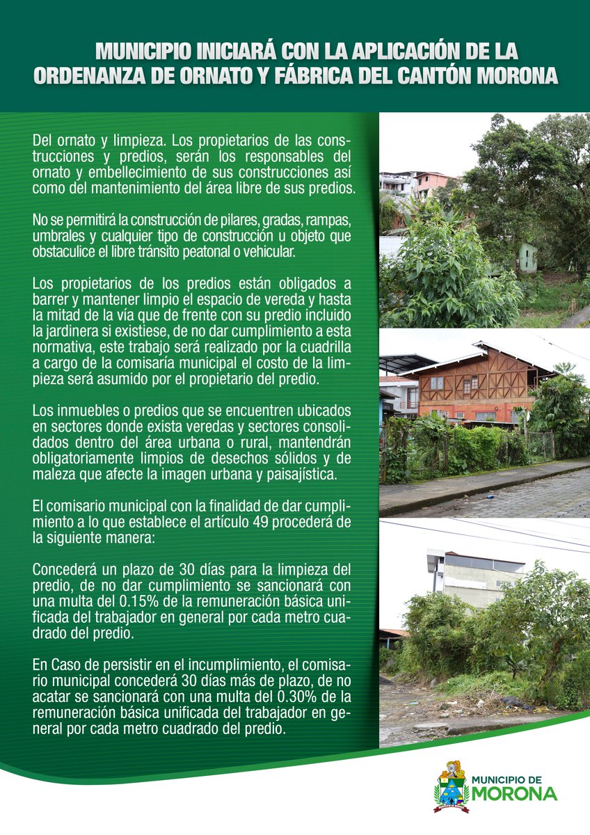 Todos queremos un Morona limpio!

Revisa la ordenanza de ornato y fábrica del cantón Morona, sus aplicaciones y las sanciones. bit.ly/2Mt7w8g