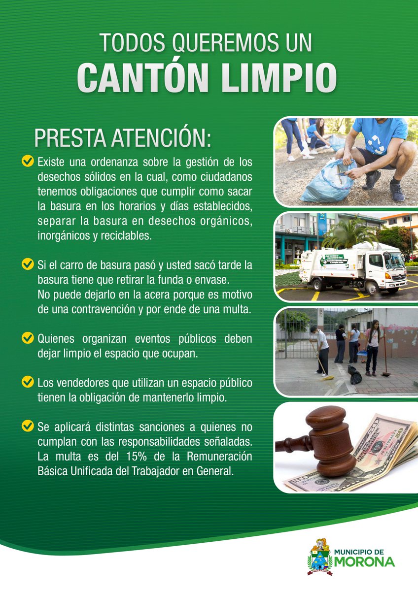 Todos queremos un Morona limpio!
Revisa las ordenanzas, sus aplicaciones y las sanciones.

bit.ly/2Mt7w8g 
bit.ly/2KR1Nqv